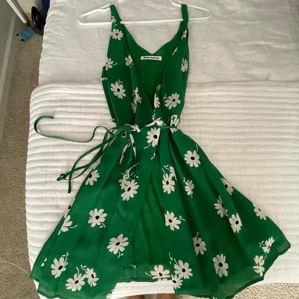 Reformation Green Daisy Mini Dress with tie